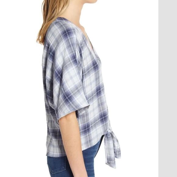 Paige Baylee Plaid Tie Front Cotton Blend Top In Eventide Multi - Picture 12 of 15